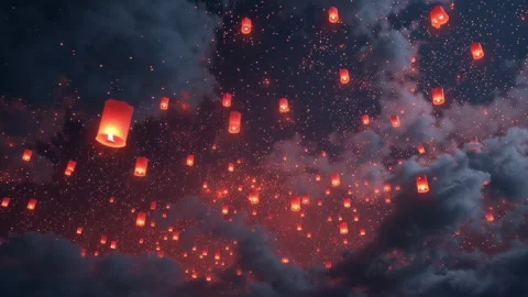 18 46 Night sky filled with glowing red lanterns floating upward fe 295ebbcd Stock Footage 318235158