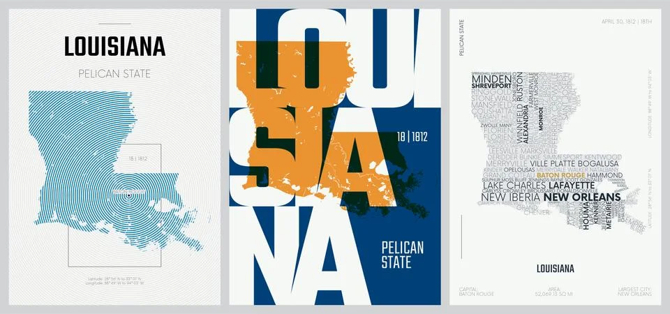 18 of 50 sets, US State Posters with name and Information in 3 Design Styles, Illustrazione stock
