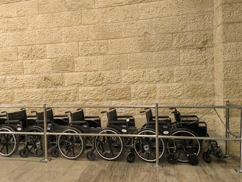 18 August 2024 Tel-Aviv Israel Ben Gurion airport , wheelchairs in the lobb.. Stock Photos