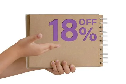 18 percent discount on isolate. Notepad from recycled paper in the hands of a Stock Photos