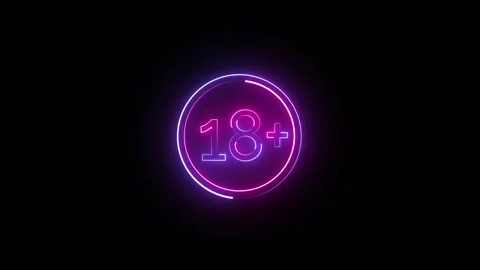 18 plus in a circle, neon blue-pink sign on a dark background. Animated 18-plus Stock Footage 309282076