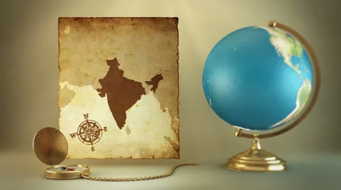 18 Turning globe, compass and ancient map of India Video stock 5640384