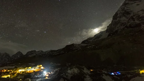 180 degree time lapse pan of Mt Everest basecamp at night Stock-Footage 122107034