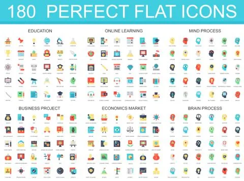 180 modern flat icon set of education, online learning, brain mind process Stock Illustration