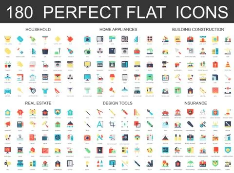 180 modern flat icons set of household, home appliances, building construction Ilustración de archivo