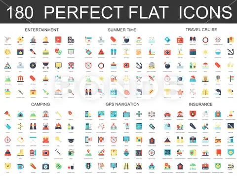 180 modern flat icons set of entertainment, summer time, travel cruise, camping Stock Illustration