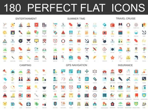 180 modern flat icons set of entertainment, summer time, travel cruise, camping Stock Illustration