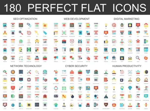 180 modern flat icons set of seo optimization, web development, digital Illustrazione stock