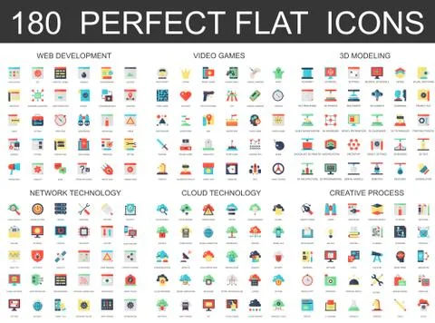 180 modern flat icons set of web development, video games, 3d modeling, network Stock Illustration