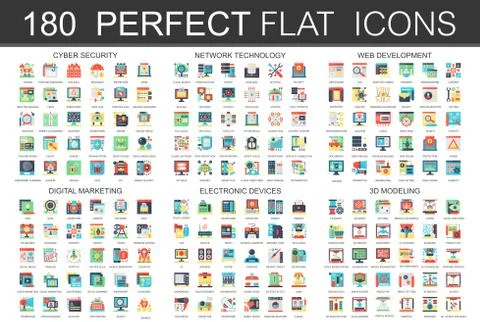 180 modern flat icons set of cyber security, network technology, web development Stock Illustration
