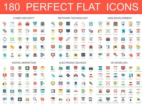 180 modern flat icons set of cyber security, network technology, web development Stock Illustration