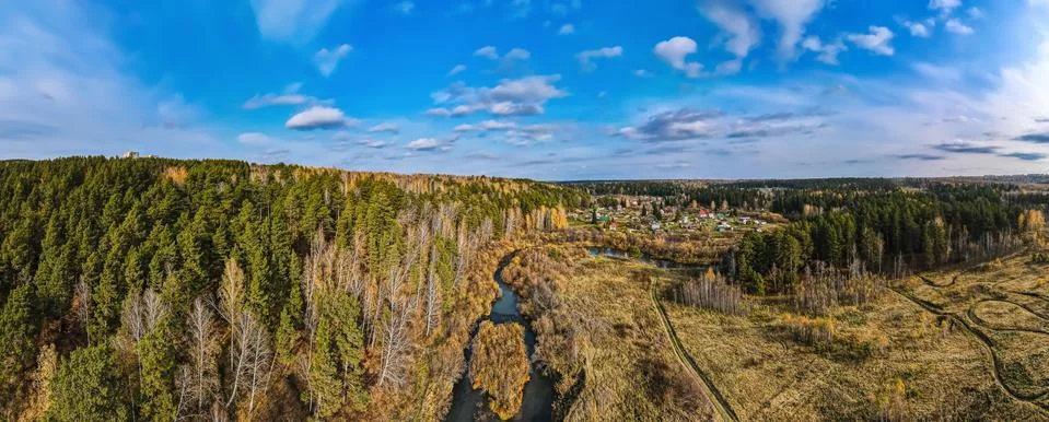 180 panorama with a forest and a river in the vicinity of Tomsk on an autumn Stock Photos
