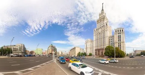 180 panoramic view of the Red Gate Building and Garden-Spasskaya avenue in Mo Stock Photos