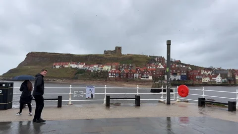 180º panoramic view of Whitby Abbey from the Bandstand Stock Footage 345128410