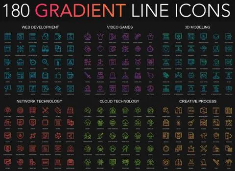 180 trendy gradient style thin line icons set of web development, video games Illustrazione stock