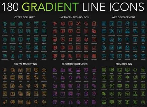 180 trendy gradient style thin line icons set of cyber security, network Иллюстрация