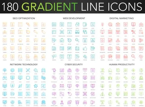 180 trendy gradient vector thin line icons set of seo optimization, web developm Illustrazione stock