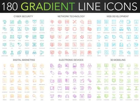 180 trendy gradient vector thin line icons set of cyber security, network イラスト素材
