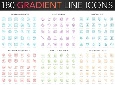 180 trendy gradient vector thin line icons set of web development, video games Illustrazione stock