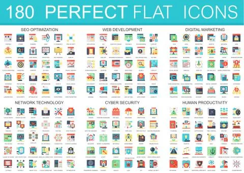 180 vector complex flat icons concept symbols of seo optimization, web Stock Illustration