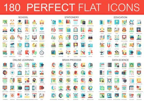 180 vector complex flat icons concept symbols of school, stationery, education Illustrazione stock