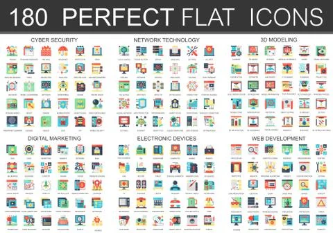 180 vector complex flat icons concept symbols of cyber security, network Illustrazione stock