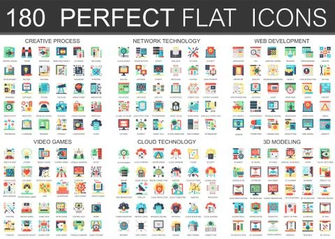 180 vector complex flat icons concept symbols of creative process, network Stock Illustration