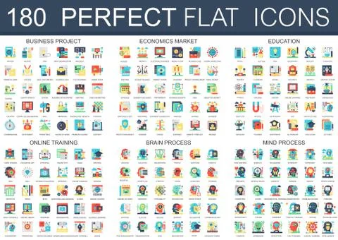 180 vector complex flat icons concept symbols of business project, economics Stock Illustration