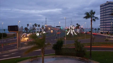 1812 Bridge Roundabout Traffic Lights Cadiz Spain Time-Lapse Stock Footage 84114092