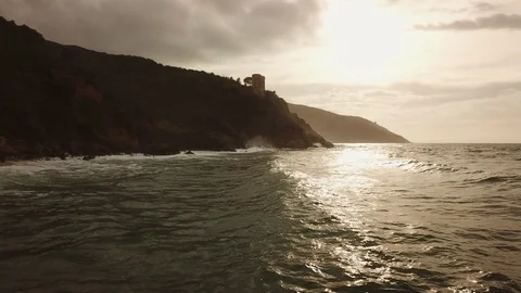 181222 Aerial view Winter Rough sea rocky bay cloudy Stock Footage 100330451