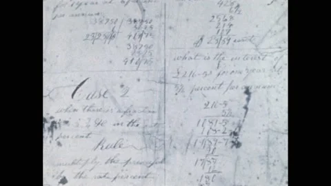 1820s: Paper with cursive script on it. Two boys sit at table, one whittles Stock Footage 205322122
