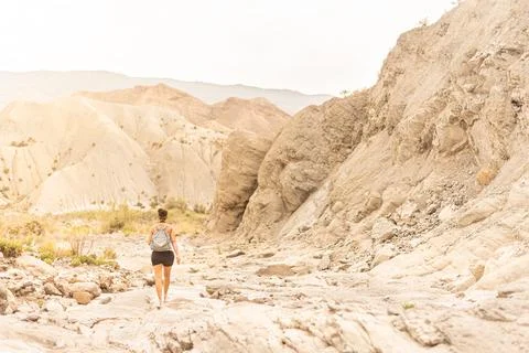 Back view of anonymous female tourist with backpack exploring sandy mountainous terrain in Tabernas desert xkwx woman, traveler, tourist, desert, adventure, wanderlust, hike, vacation, trekking, nature, mountain, archaeologist, explorer, arid, dry, valley, lady, walk, journey, trip, tabernas, backpack, terrain, explore, spain, tourism, landscape, travel, scenic, almeria, waterless, discovery, ridge, activity, formation, sky, range, cloudless, daytime, sunlight, alone, outdoors, copy space, anonymous, unrecognizable, back view