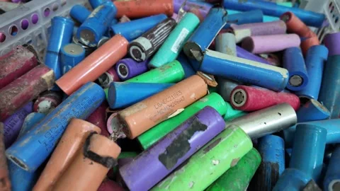 18650 lithium-ion battery cells ready for recycling and processing. Electronic Stock Footage 345189954