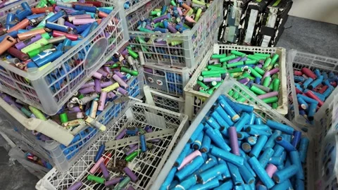 18650 lithium-ion battery cells ready for recycling. Electronic waste Stock Footage 345191209