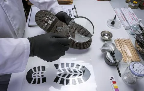 Forensic scientist investigates shoeprint mould evidence in crime lab ...