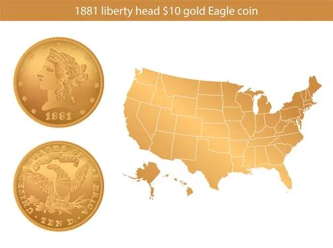 1881 Year Eagle $10 US Gold Coin. Vector illustration isolated on the background Stock Illustration