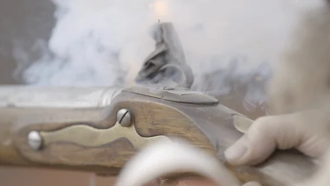 18th century Brown Bess Flintlock Musket fires with black powder Stock Footage 106261487