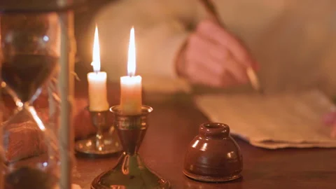 18th century man using a quill pen to write at his desk Stock Footage 305074768