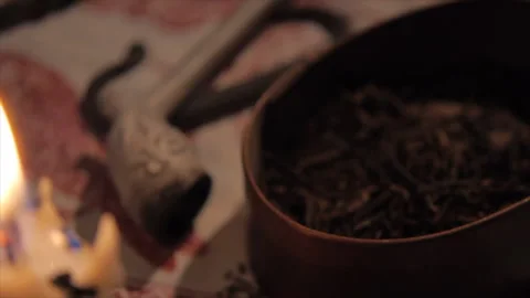 18th century Tabletop, tableau with pipe and tobacco - pipe by candle light Stock Footage 195117809