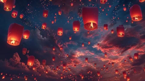 19 46 Night sky filled with glowing red lanterns floating upward fe 637c027a Stock Footage 318235176