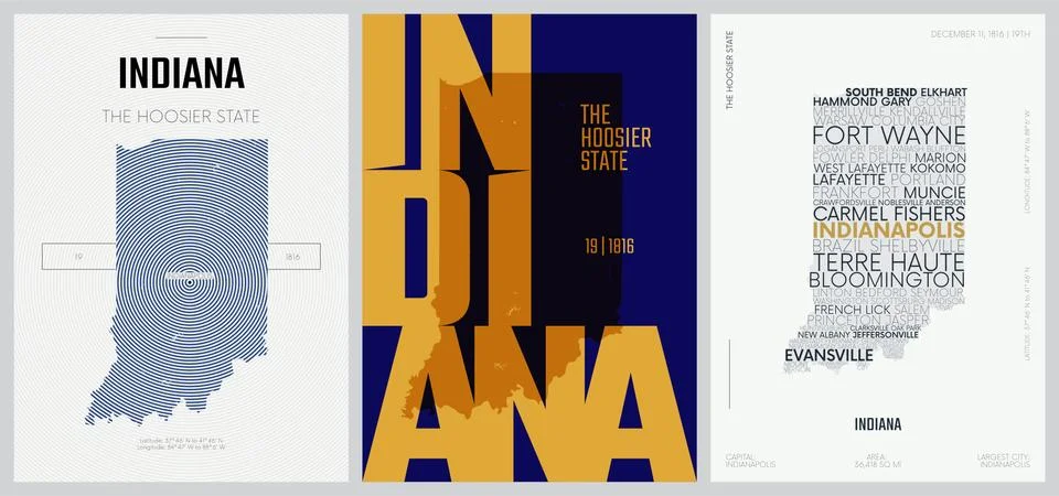 19 of 50 sets, US State Posters with name and Information in 3 Design Styles, Stock Illustration