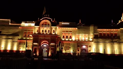 19-7-24; View of Ram Raja Mandir, Maru-Gurjara style illuminated at night,Orchha Stock Footage 280692312