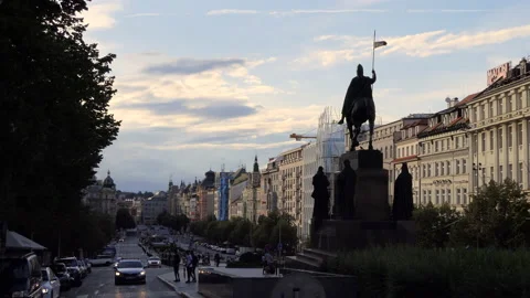 19 Dusk View Of Wenceslas Square In Prague Czech Republic Video stock 138865194