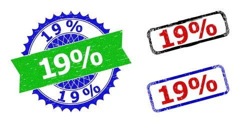 19 Percents Rosette and Rectangle Bicolor Seals with Distress Textures Stock Illustration