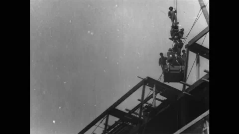 1902: Construction Workers Ride a Crane (4k) Black &amp; White | 60fps, Enhanced Stock Footage 238964312