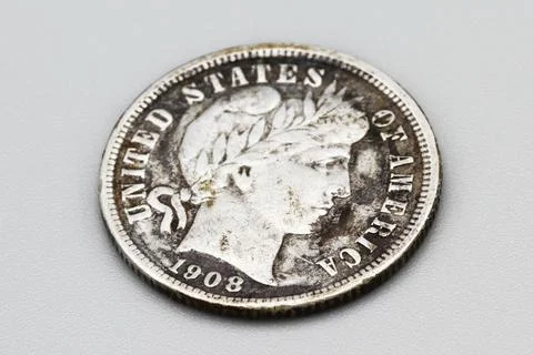 1908 D Barber Dime, Liberty 900 Silver Dime Minted at Denver, Antique 10 Penny Fotos Stock