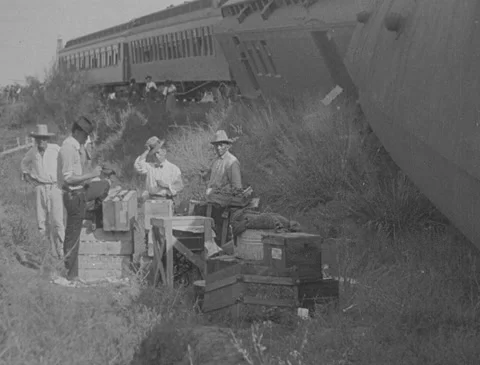 1910s - Destroyed train tracks, derailed train, bullet holes in glass Stock Footage 221668574