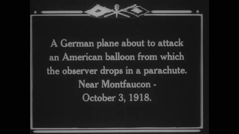 1910s: Intertitle card. Blimp in sky. Airplane in sky. Parachute opens under Video stock 148158390