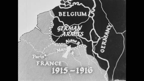 1910s: Men sit in trenches.  Arrows appear on map of Europe.  Ruins of church. Stock Footage 145877466
