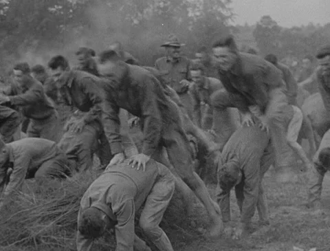 1910s - U.S. troops playing leapfrog Stock Footage 221669115